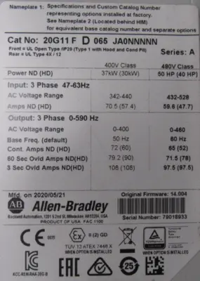 USED ALLEN BRADLEY 20G11FD065JA0NNNNN POWERFLEX 755 SER.A 50HP