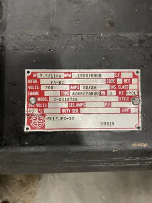7.5HP FANUC C-2318758 Spindle Servo Motor 200V 1500/6000RPM 3PH A06B0706B001