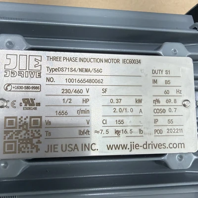 JIE Drive Motor Reducer DS71S4 / JRWND50-56C 60:1 1/2hp 230/460V Warranty 🇺🇸