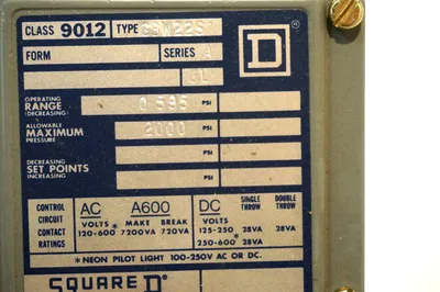NEW SQUARE D 9012-GBW22S1 PRESSURE SWITCH 9012GBW22S1