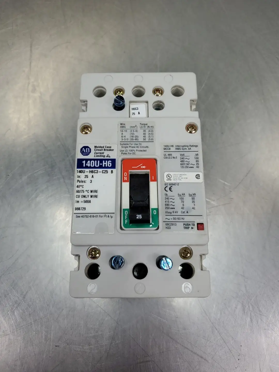 USED ALLEN BRADLEY 140U-H6C3-C25 SER B CIRCUIT BREAKER, 3P, 25A