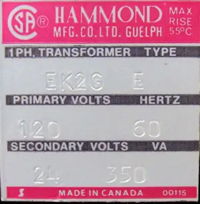 NEW HAMMOND EK2G TRANSFORMER TYPE E PRI 120V SEC 24V