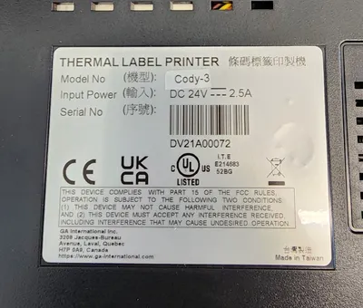 GA international Cody 3 Thermal Label Printer w/ Software. Ribbon & Labels DC24v
