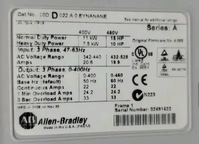 USED Allen-Bradley 20DD022A0EYNANANE Ser A PowerFlex 700S AC Drive, 15HP