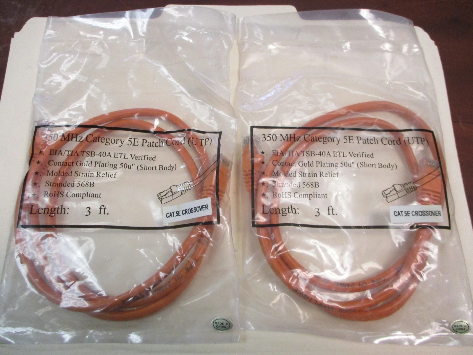 Lot of 2 - 3ft - 350 MHz New Category 5E Patch Cord