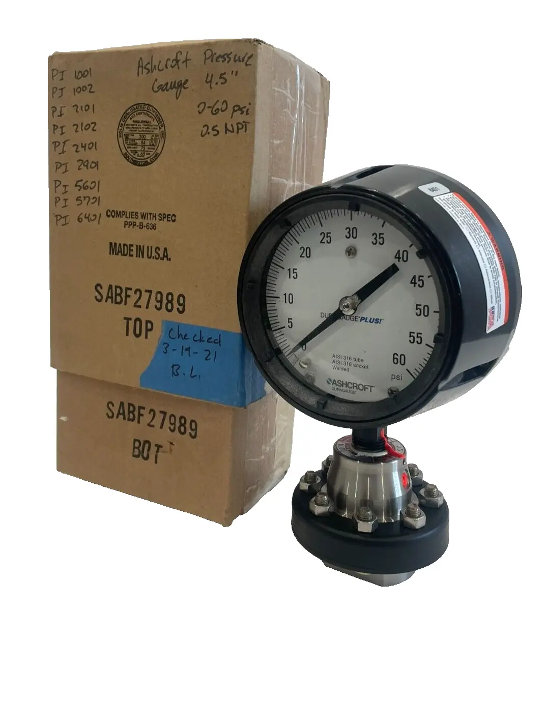NEW ASHCROFT SABF27989 PRESSURE GAUGE WITH DIAPHRAGM 316L 0-60 PSI