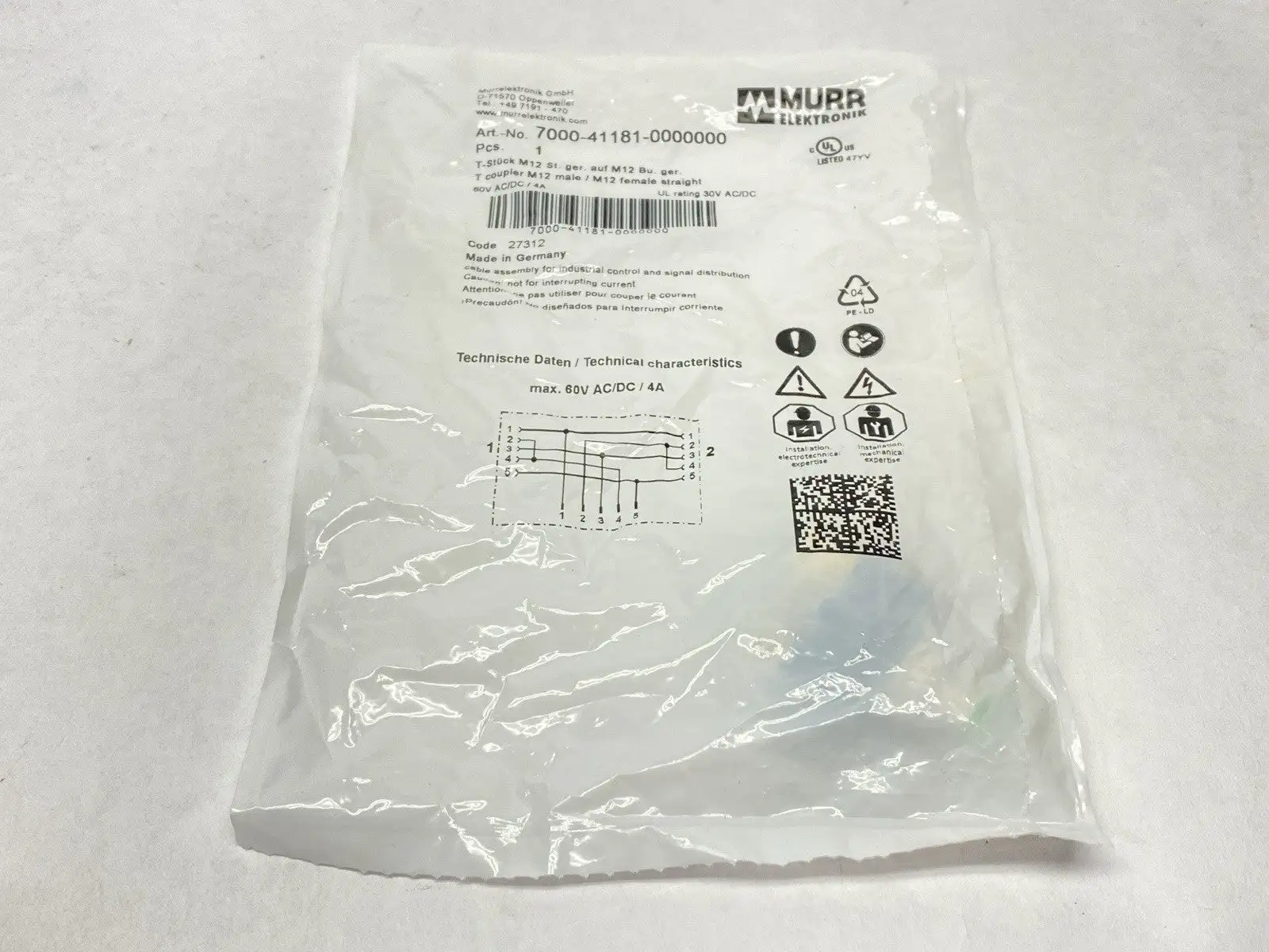7000-41181-0000000 | Murr Elektronik  T-Coupler M12 Male / M12 Female 5-Pin - New