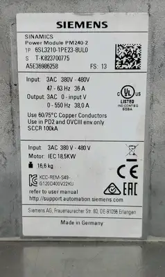 Used Siemens 6SL3210-1PE23-8UL0 SINAMICS PM240-2 POWER MODULE, 18.5kW Variable Speed Drives | Palmetto Automation #1149557