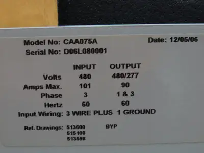 Emerson CAA075A Liebert Datawave Magnetic Synthesizer 75kva HV 480 LV 480Y/277