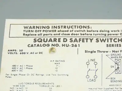 Square D HU-261 Safety Disconnect Load Switch 600V AC 10Hp/DC 15Hp 30A 2 Pole