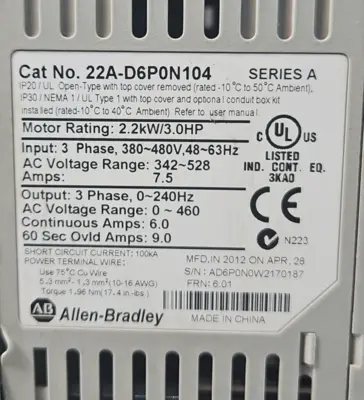 Allen Bradley 22A-D6P0N104 SerA PowerFlex 4 2.2 kW 3 Hp AC Drive. (BIN741)