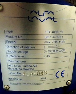 Alfa-Laval IFB 403X-73 oil concentrator module, 316SS.