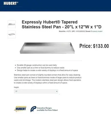 Hubert® S/S Seafood, Meat, Deli Pan - 20"L x 12"W x 1"D