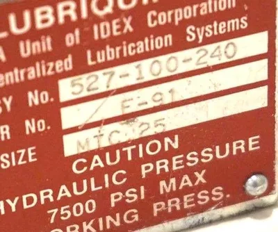 NEW LUBRIQUIP 527-100-240 LUBE CONTROL VALVE MIC. 25, 7500 PSI, 527100240