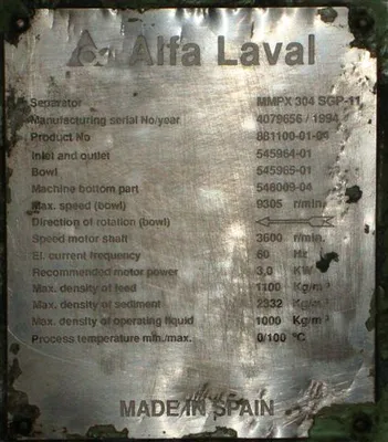 (2) Alfa-Laval MMPX 304 SGP-11-60 oil purifiers, 316SS.