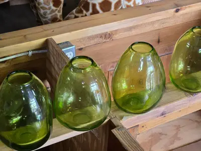 Lot of (4) Handblown Art Glass Table Vases by Holmegaard 6" x 7" (green) (rounded triangle)
