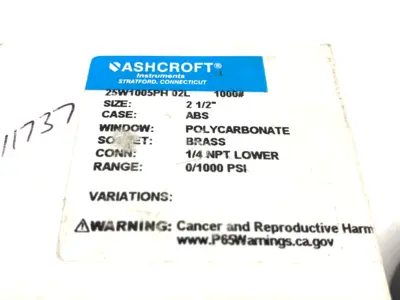 USED ASHCROFT PRESSURE GAUGE 2-1/2" BRASS 0-1000PSI 1/4" NPT
