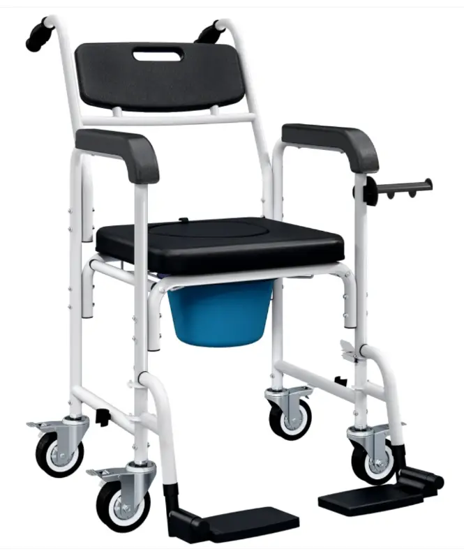 HOMCOM Rolling Shower Wheelchair for Seniors, Bedside Commode Chair with Locking Wheels, Seat, Backrest, Arms, Black (Maybe Missing Hardware)