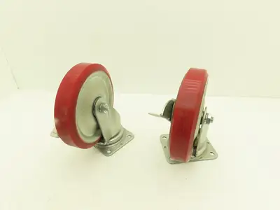 200x42mm 8" Red Polyurethane Swivel Plate Caster Wheel w/Brake J-200S  Lot of 2