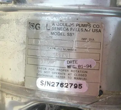 Pump, Centrif., 0.75 HP, S/st, 2" In/1" Out, Goulds #C736376