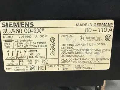 USED SIEMENS 3UA60 00-2X 80-110A