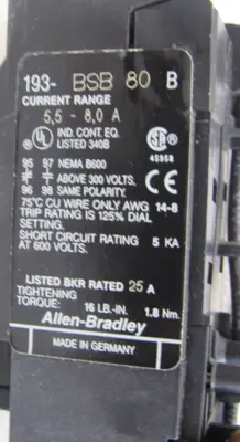 ALLEN BRADLEY 193-BSB80 OVERLOAD RELAY SER. B 193BSB80 NEW, SURPLUS
