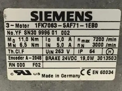 USED SIEMENS 1FK7063-5AF71-1EB0