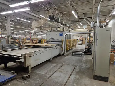 WEMHONER 5’ x 10’ SINGLE-OPENING SHORT-CYCLE FEED-THROUGH HOT PRESS WITH AUTOMATIC MATERIAL MEASURING/PRESSURE SYSTEM