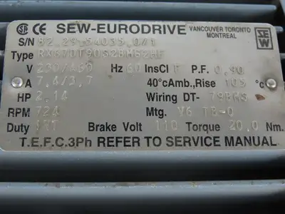 SEW-EURODRIVE RX67DT90S2BM62HF 2.14Hp Gear Motor 159.82RPM Output 23/460V 3Ph