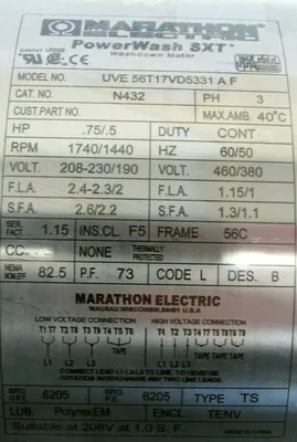 NEW MARATHON N432 MOTOR 3/4HP 1740RPM 208-230/190V 5/8" DIA. UVE 56T17VD5331AF