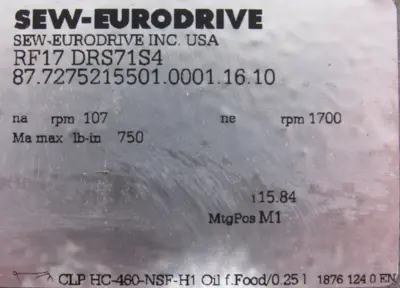 NEW SEW EURODRIVE RF17 DRS71S4 GEARMOTOR 460V RF17DRS71S4 15.84:1