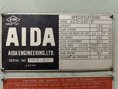 USED 1987 AIDA PRESSES AIDA NC2-250(2) PRESS