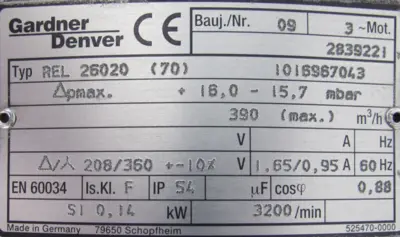 NEW GARNER DENVER REL26020 VACUUM PUMP 208/360V