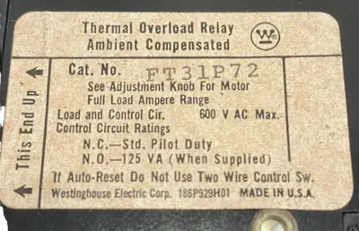 NEW WESTINGHOUSE FT31P72 OVERLOAD RELAY