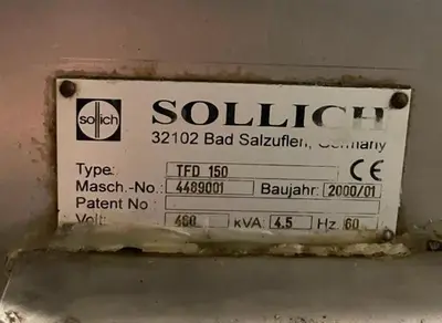Sollich model TFD-150 120 kg/hr Turbo Mini Tempering Unit