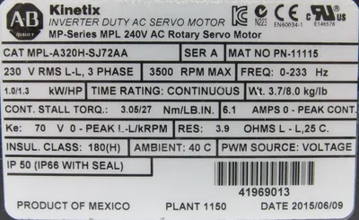 NEW ALLEN BRADLEY MPL-A320H-SJ72AA SERVO MOTOR MPLA320HSJ72AA MP SERIES
