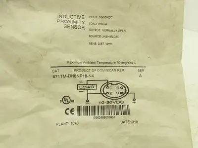 Allen Bradley 871TM-DH8NP18-N4 Proximity Sensor Inductive 10-30vdc 200mA 18mm OD