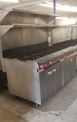 75-0234 Vulcan GH6 12 Burner Gas Range w/ Cabinets and Overhead Shelves