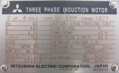 NEW MITSUBISHI SF-EMA MOTOR 3HP 480V 1-1/8" DIA. 182T SFEMA