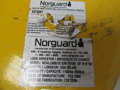 Norguard NCHLL500/12 Fall Load Arrestor SRL Self Retracting Lifeline 39' 1100Lb