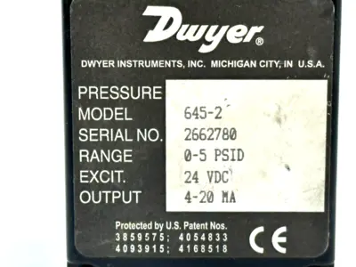 645-2 | Dwyer  Wet/Wet Differential Pressure Transmitter 0-5 PSID 4-20MA 24VDC - Used