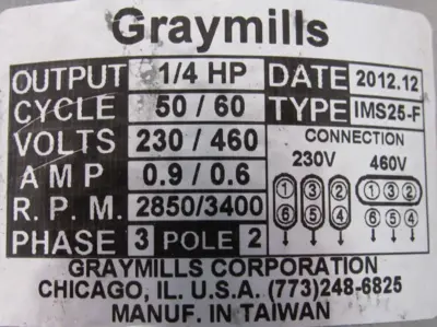 USED GRAYMILLS IMS25-F RECIRCULATING PUMP 1/4HP 230/460V IMS25F