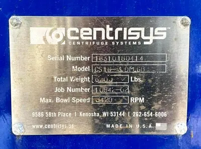 Centrisys CS 18-3 decanter centrifuge, 316SS.