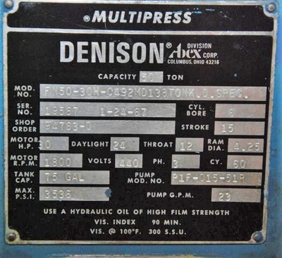USED DENISON MULTIPRESS DENISON MULTIPRESS FN50-30N-C492MD138TONK.0.SPLC PRESS
