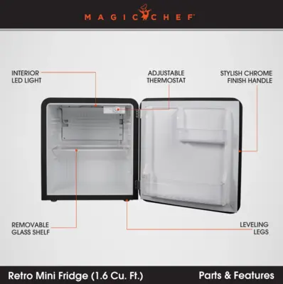 Magic Chef 1.6 CU. FT. RETRO MINI REFRIGERATOR IN BLACK, WITHOUT FREEZER