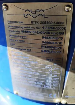 Alfa-Laval BTPX 205 SGD-34 CDP-50 clarifier centrifuge skid, 316L SS.