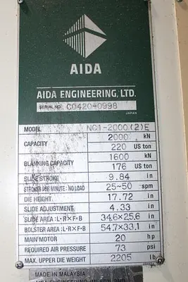 USED 2013 AIDA NC1-2000(2)E
