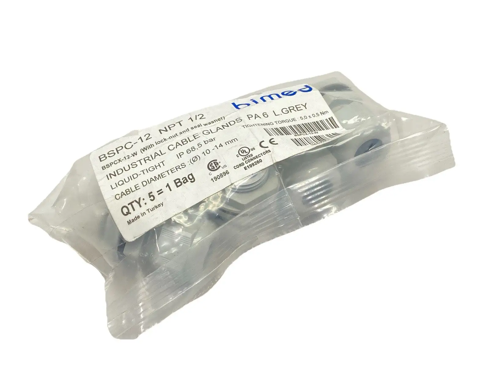 NEW BIMED INDUSTRIAL CABLE GLANDS PA 6 L.GREY PKG OF 5