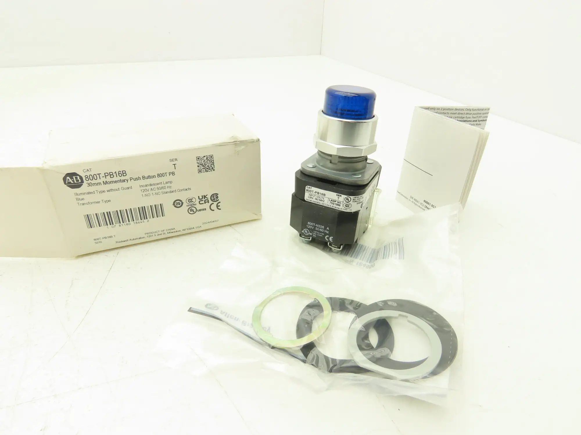 Allen Bradley 800T-PB16B Illuminated Push Button Momentary Blue 120VAC 30mm