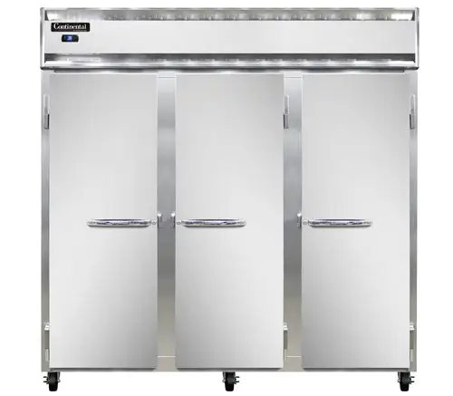 Continental 3RSNSS 78" Three Section Reach In Refrigerator, (3) Left/right Hinge Solid Doors, Top Compressor, 115v